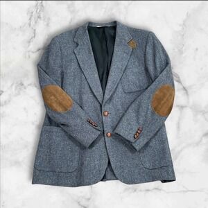 Vintage Stafford Men Tweed Blazer Elbow Patches Size‎ 46L Wool Grey Blue EUC